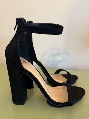 Black Suede Ankle-Strap Block Heel Sandals